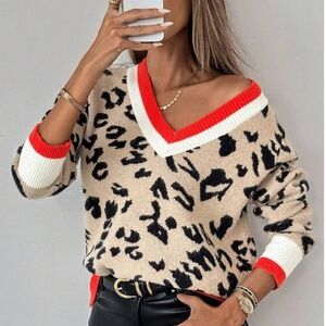 Animal Print Cheetah V-Neck Contrast Binding Knit Sweater Beige